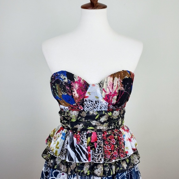Kitty Mixed Floral Tiered Ruffle Strapless Dress - Picture 2 of 8